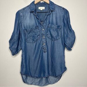 Cloth and Stone Women Top Small Chambray‎ Blue Polka Dot Roll Tab Sleeve